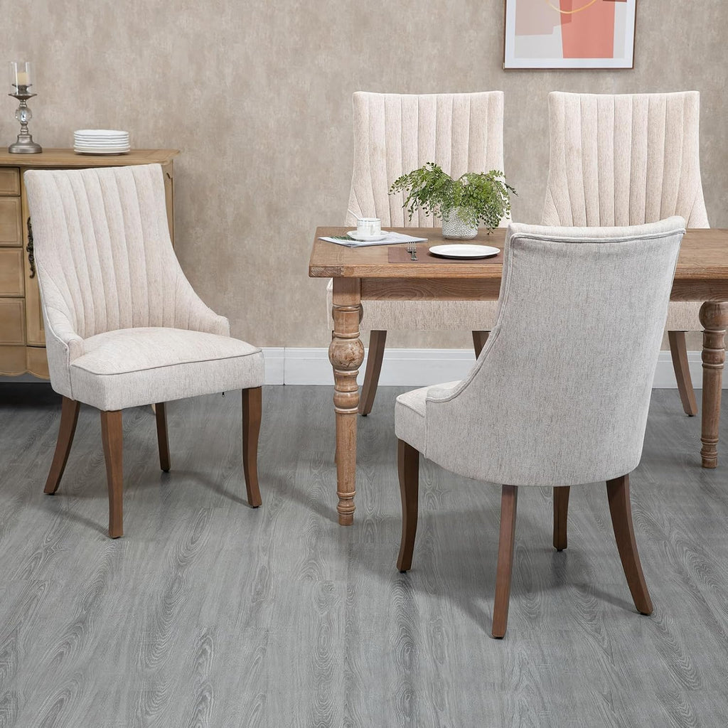 Linen Kitchen and Dining Chairs Set of 2, Channel Tufted Dining Room Chairs Comfy Fabric, Upholstered sillas for Dining Room with Solid Wood Legs
