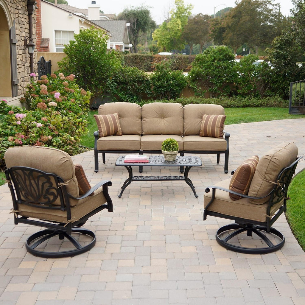 Darlee 4-Piece Cast Aluminum Outdoor Seating Set with 42x21 Inch Rectangular Table, Swivel Rockers, and Throw Pillows in Antique Bronze/Sesame