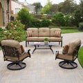 Darlee 4-Piece Cast Aluminum Outdoor Seating Set with 42x21 Inch Rectangular Table, Swivel Rockers, and Throw Pillows in Antique Bronze/Sesame