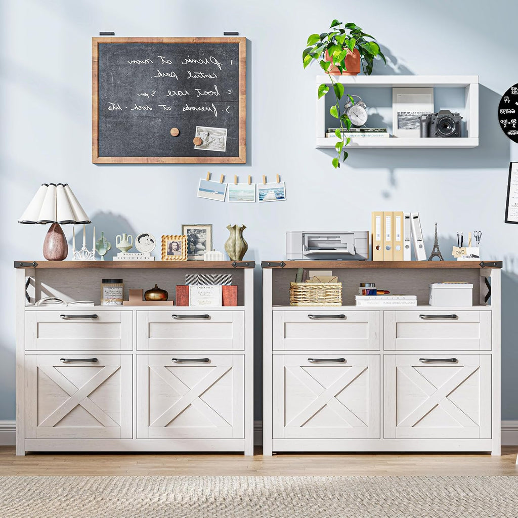Farmhouse 4 Drawer File Cabinet with Open Storage Shelf, Lateral Filing Cabinet Fits Letter/A4/ Size, Home Office Filing Organizer, Document Storage Printer Stand for Office and Home. Uunique White