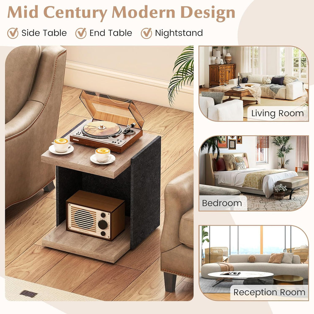 Giantex Modern End Table Set of 2, 2-Tier Sofa Side Table with Open Storage Shelf, Wooden Bedside Table, Rustic C Shaped Nightstand for Living Room, Bedroom, Small Spaces, Oak & Black