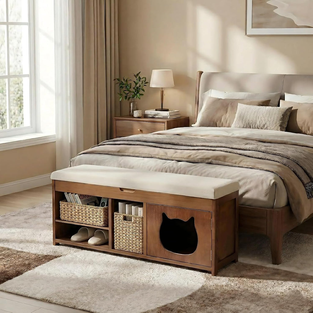 Shoe Bench with Cat Cabinet and Hidden Drawer, 2 Tier Entryway Bench with Storage 43.3 in, Solid Wood Shoe Rack with Cushion for Entryway Hallway Living Room Bedroom (400lbs+)