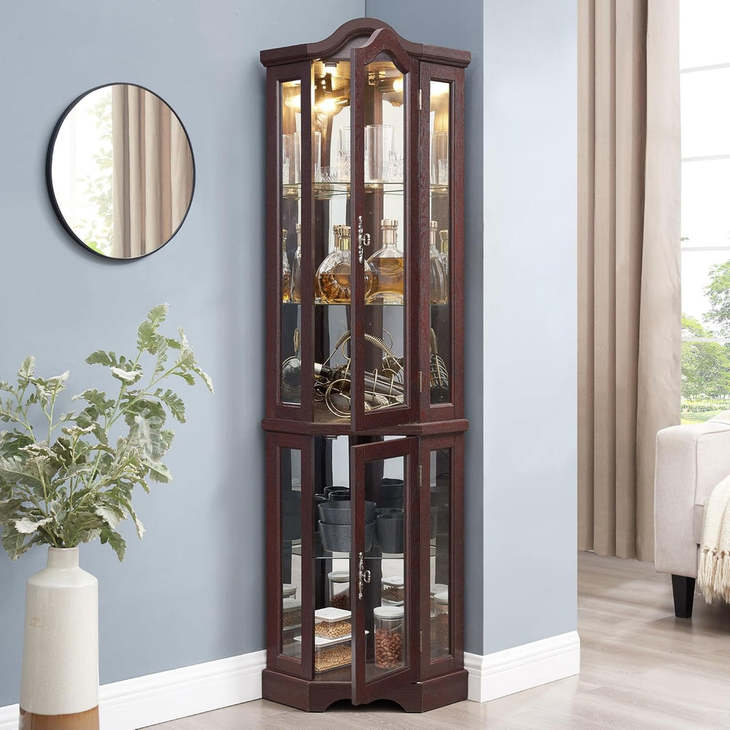 70" Lighted Corner Curio Cabinet,Inside Mirror Corner Glass Display Case with Tempered Glass Door for Living Room, Antique Collectibles, Wine & Bar Glass Storage, Lights Included