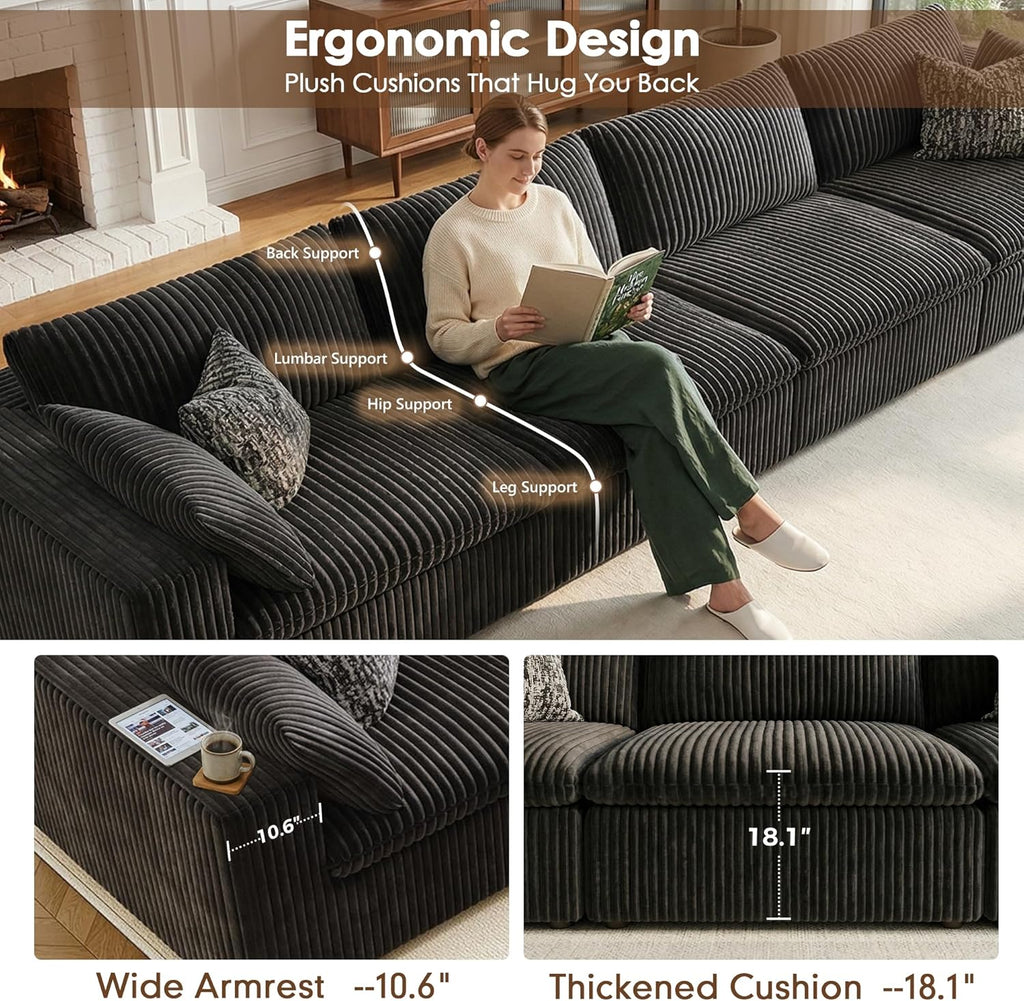 157.6" Cloud Couch Oversized Modular Sectional Sofa, U-Shaped 8 Seater Deep Seat Couch with Ottoman, Soft Corduroy Upholstery, DIY Combination for Living Room, No Assembly Required, Black