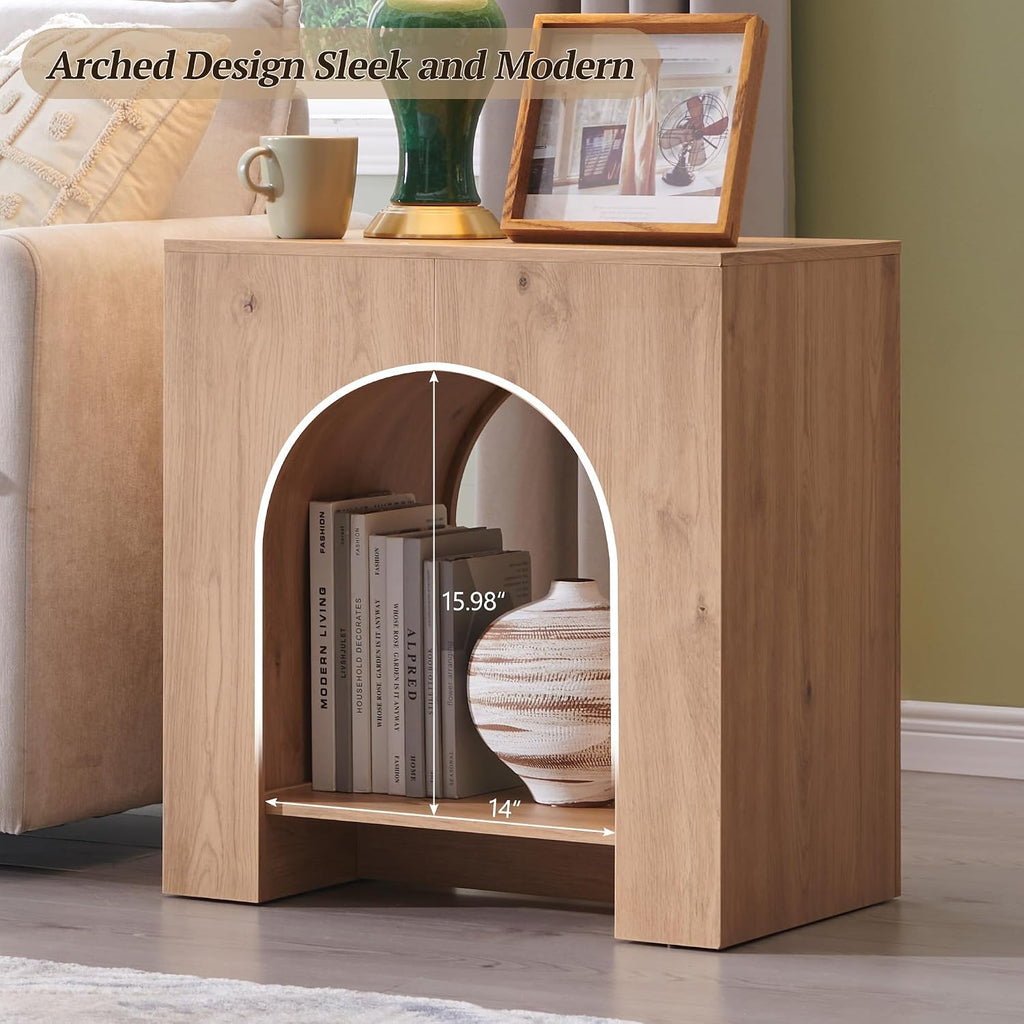 Arched End Table Set of 2 with Type-C Charging Station, 22" Modern Bedroom NightStand with Arched Shelf, Side Table with Outlet, USB, Type-C Port for Bedroom, Natural