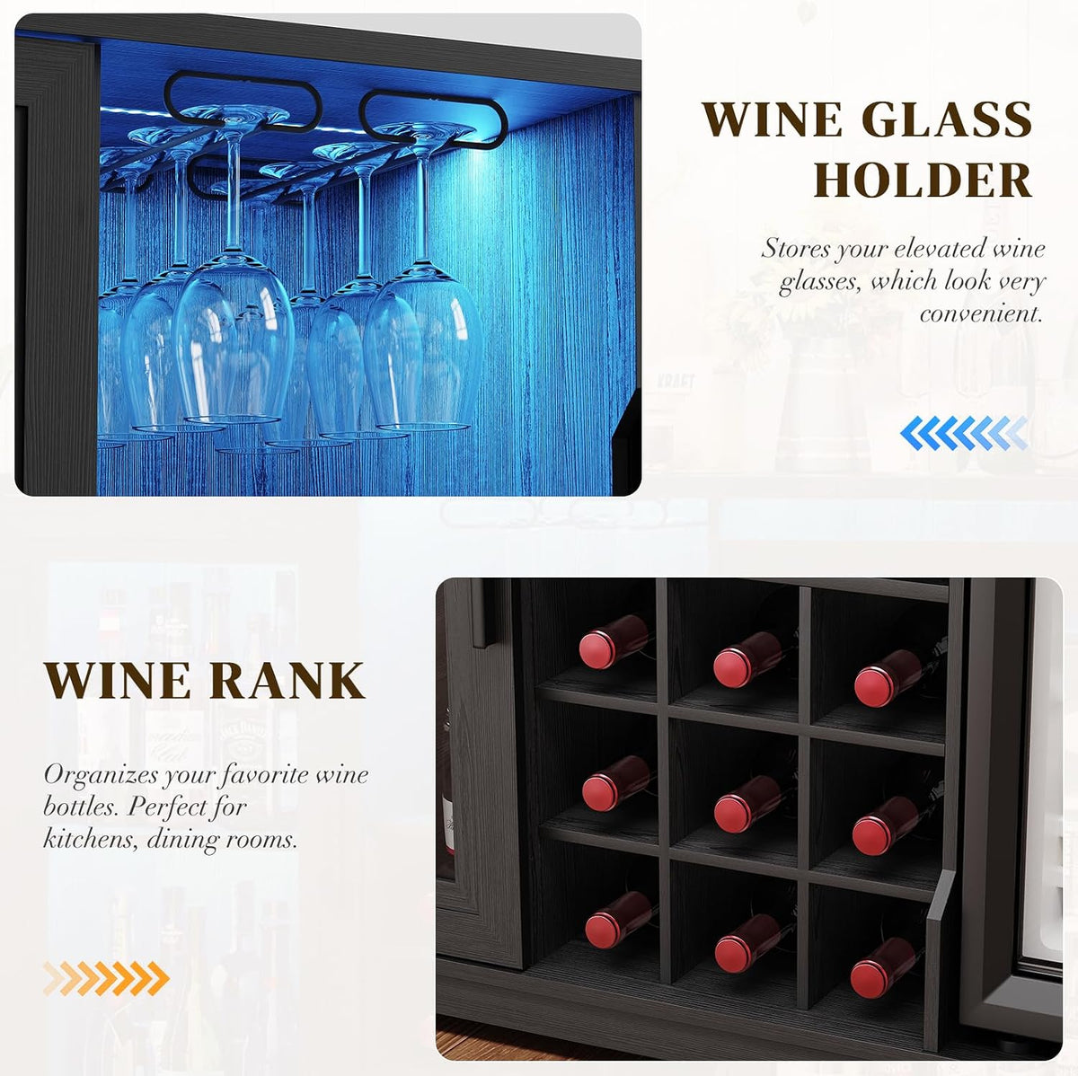 BROTTAR Large Coffee Bar Cabinet with Fridge (Fridge Included) | Liquor Wine Bar Cabinet with LED Lights, Glass Holder, Wine Rack, Human Body Sensor, Buffet Sideboard for Home, Black