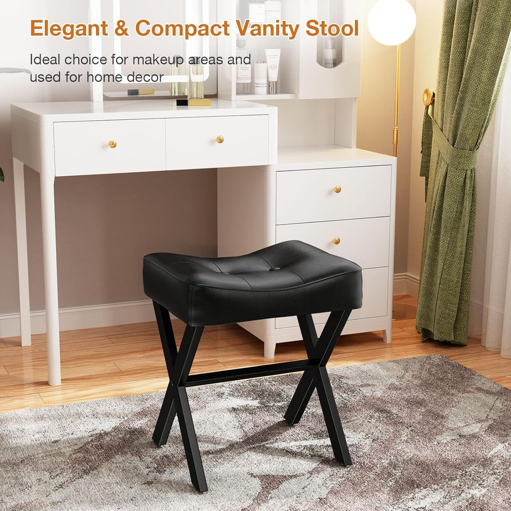 Memobarco 18-Inch Leather Vanity Stool Chair, Vanity Bench with Metal X-Leg, Ottoman Accent Stool with Thick Padded Saddle Seat, Black