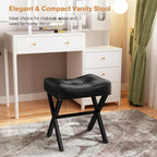 Memobarco 18-Inch Leather Vanity Stool Chair, Vanity Bench with Metal X-Leg, Ottoman Accent Stool with Thick Padded Saddle Seat, Black