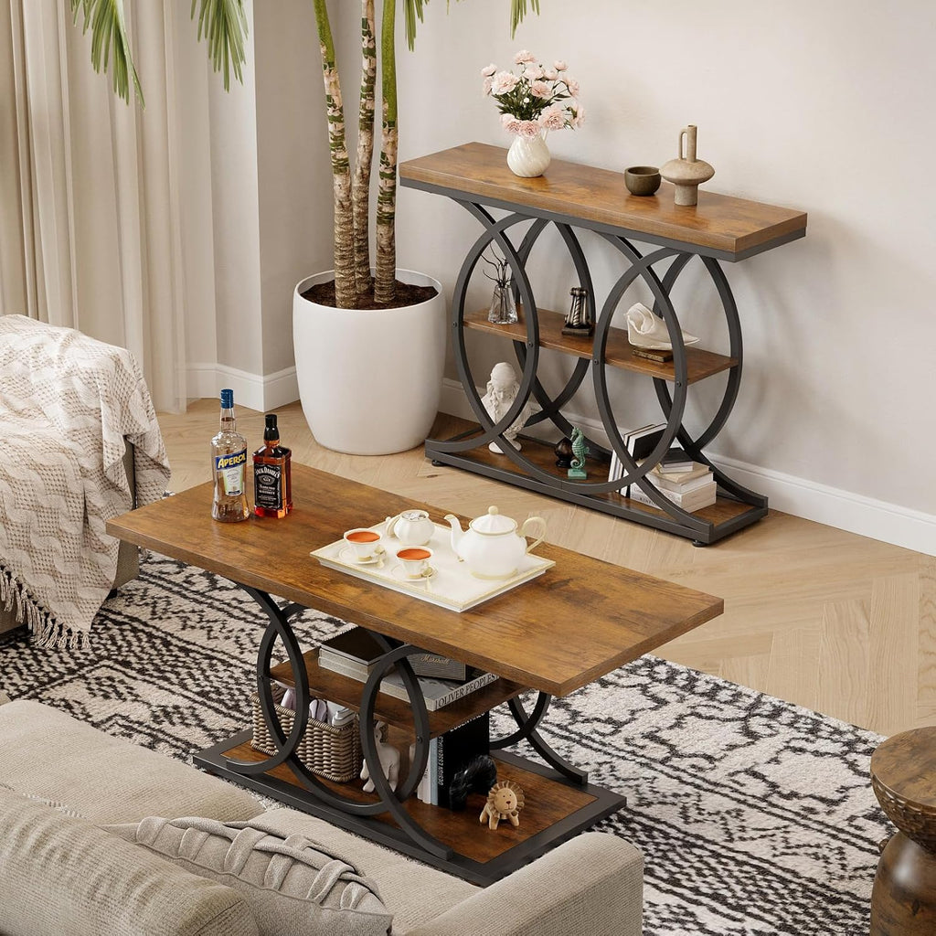 GiftGo Narrow Console Table for Entryway Industrial 3-Tier Sofa Table Behind Couch with Circle Base Wooden Accent Wall Tables with Storage Shelves for Living Room, Hallway, Foyer (Rustic Brown)