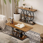 GiftGo Narrow Console Table for Entryway Industrial 3-Tier Sofa Table Behind Couch with Circle Base Wooden Accent Wall Tables with Storage Shelves for Living Room, Hallway, Foyer (Rustic Brown)
