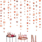 Rose Gold 10th Birthday Decorations Number 10 Circle Dot Twinkle Star Garland Metallic Hanging Streamer Bunting Banner Backdrop for Girls Boys Ten Year Old Birthday 10th Anniversary Party Supplies