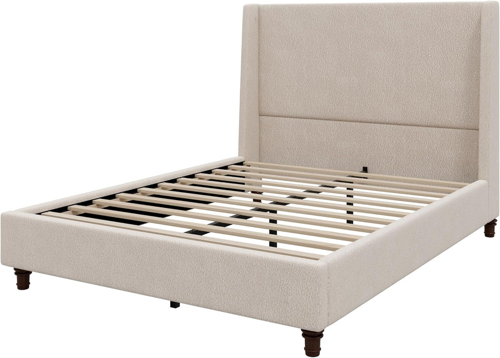 Queen Size Upholstered Bed Frame, 52.7" High Headboard Wingback Bedframes with Solid Wood Retro Legs, Sturdy Metal & Wooden Slat Support/No Box Spring Needed/No Noise, Clay Taupe Boucle