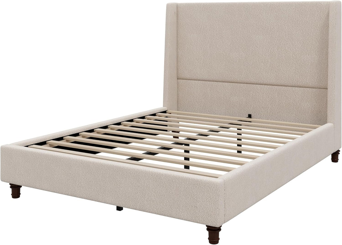 Queen Size Upholstered Bed Frame, 52.7" High Headboard Wingback Bedframes with Solid Wood Retro Legs, Sturdy Metal & Wooden Slat Support/No Box Spring Needed/No Noise, Clay Taupe Boucle