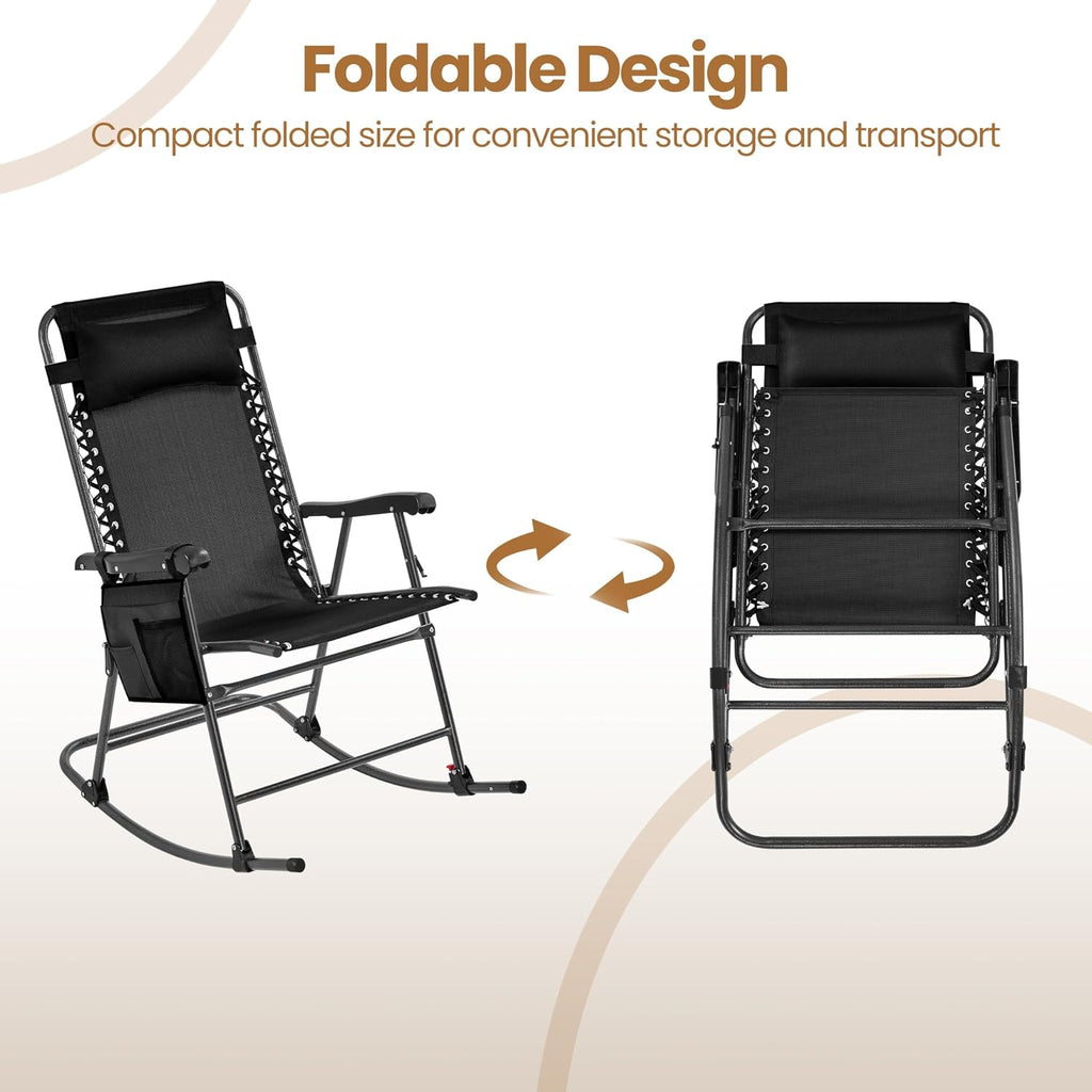 Yaheetech 26in Rocking Chair Outdoor Zero Gravity Folding Chairs Rocking Chairs Foldable Outdoor Reclining Lounge Chair for Outside Lawn with Cupholder/Pillow Ergonomic Design for Rest, Black
