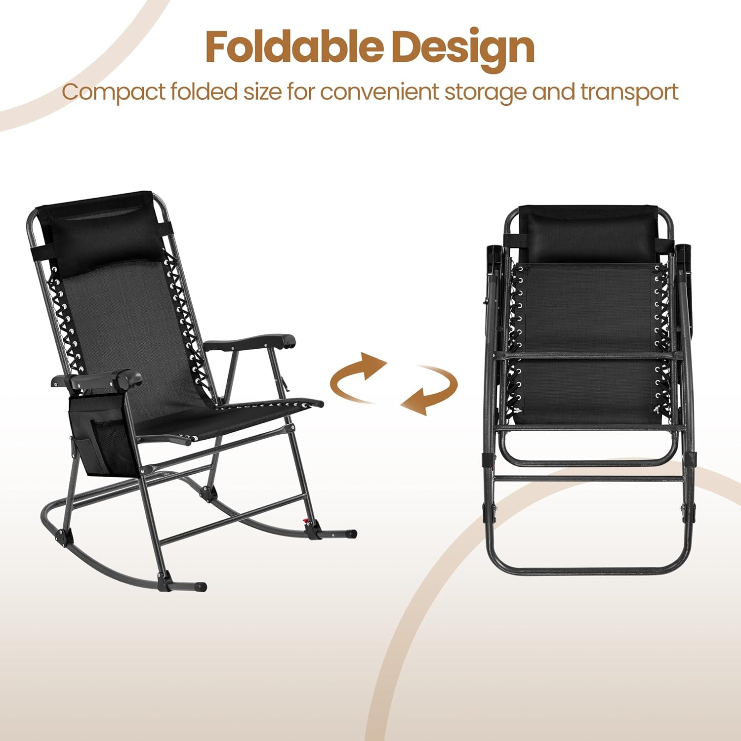 Yaheetech 26in Rocking Chair Outdoor Zero Gravity Folding Chairs Rocking Chairs Foldable Outdoor Reclining Lounge Chair for Outside Lawn with Cupholder/Pillow Ergonomic Design for Rest, Black