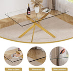 Glass Dining Table for 4-6, Contemporary Rectangular Dining Room Table with Tempered Glass Top & Gold Finish Metal Legs, Modern Elegant Dining Table for Home Kitchen
