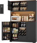 FINETONES 71" Kitchen Pantry Cabinet with LED Light and Charging Station | 71" Pantry Cabinet with Microwave Stand, Kitchen Hutch Food Storage Cabinet with Outlet and Wine Racks, Black