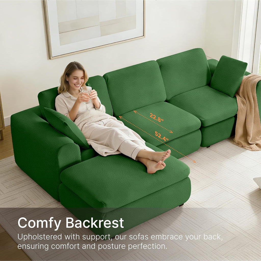 KISLOT 108" Cloud Couch,Sectional No Assembly Required,Modular Sofa with Deep Seat for Living Room,L Shaped Couch with Ottoman Snowflake Fabric and Memory Sponge,Green