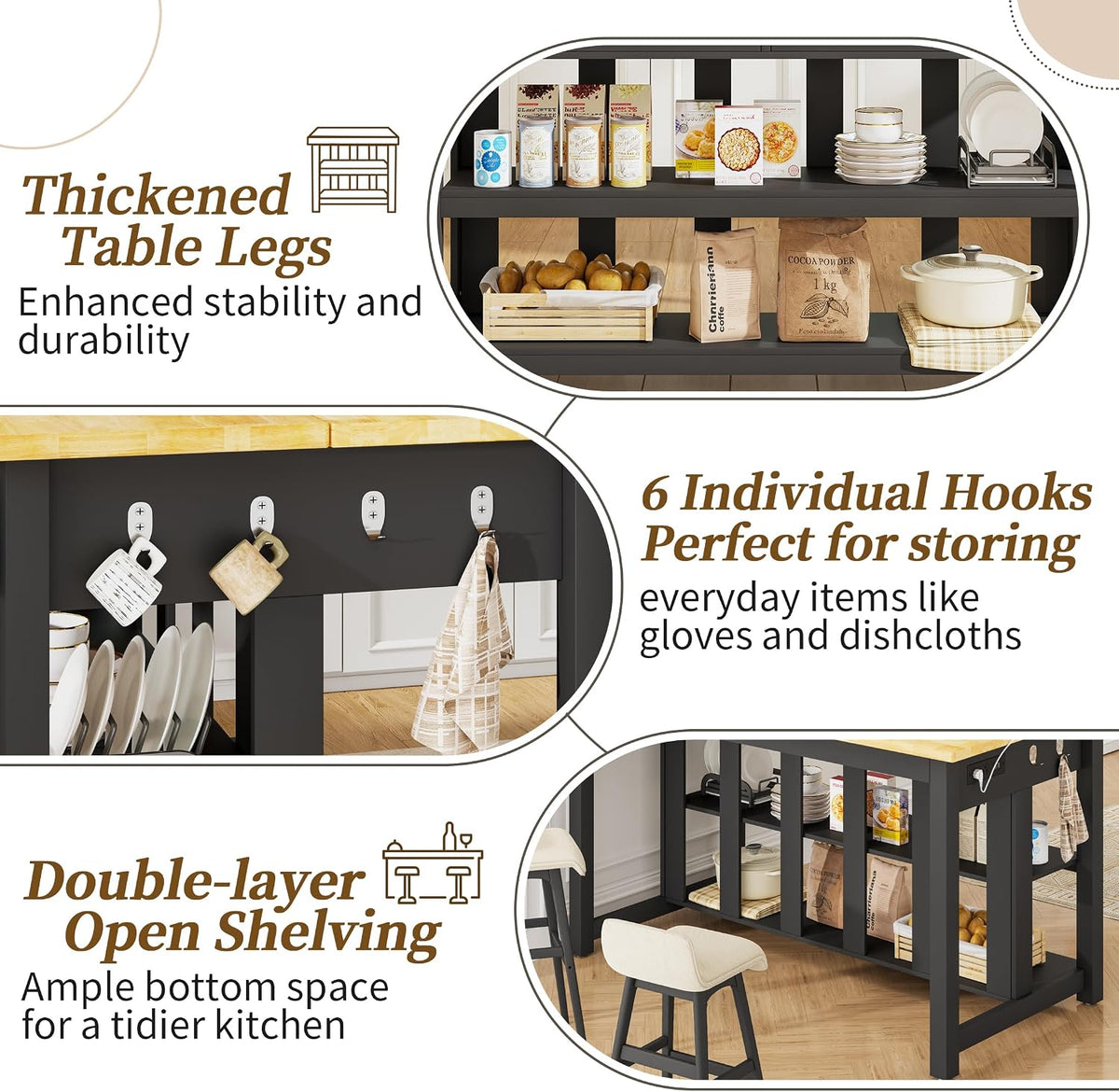 Kitchen Island with Storage for Kitchen Dining Room (Black) | Charging outlet, 2 Drawers and 6 Hook