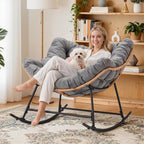 Outdoor Rocking Chair with Thick Cushion, Comfy Rattan Rocker Egg Chair Indoor with Straps, Patio Rocking Chair 450lbs for Garden, Balcony, Lawn, Backyard, Living Room, Bedroom