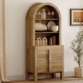 WAMPAT 71" Tall Arched Kitchen Pantry Cabinet with 3 Drawers,5 Tiers Modern Farmhouse Bookcase with Doors, Open Shelf Storage Organizer, Wood Display Bookcase for Kitchen, Dining Room, Walnut, 1 PC