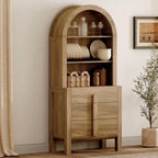 WAMPAT 71" Tall Arched Kitchen Pantry Cabinet with 3 Drawers,5 Tiers Modern Farmhouse Bookcase with Doors, Open Shelf Storage Organizer, Wood Display Bookcase for Kitchen, Dining Room, Walnut, 1 PC