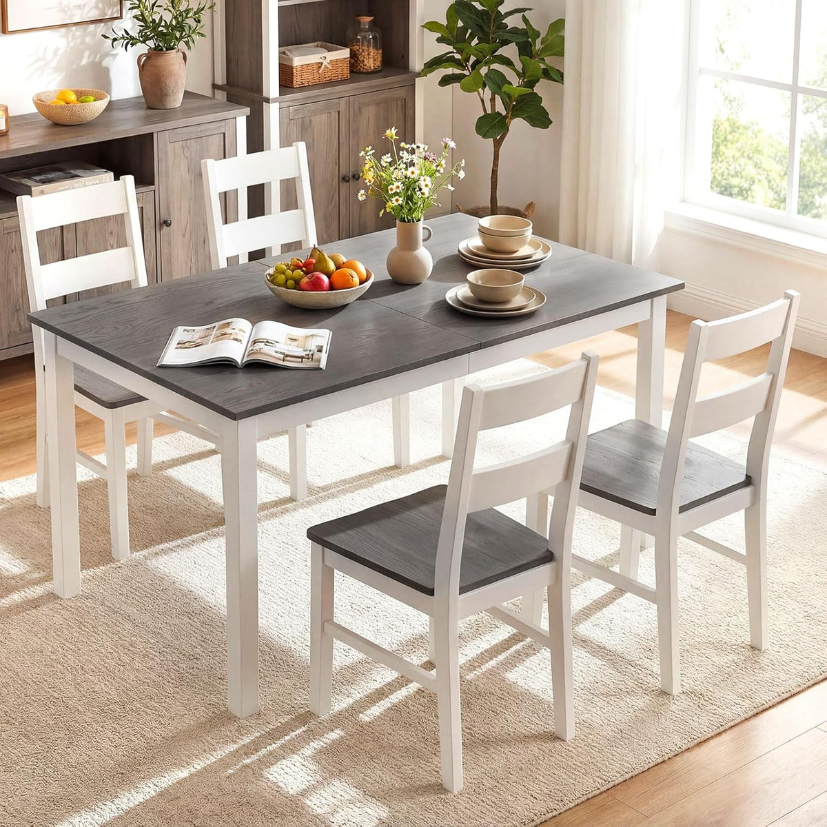 Giantex Dining Table for 4-6, 60" Rectangular Kitchen Table with Solid Rubber Wood Legs, Farmhouse Wooden Dinner Table for Dinette, Home Office, Living Room (Gray)