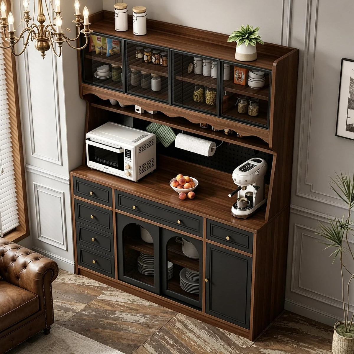 63'' Kitchen Pantry Cabinet with Power Outlet,Large Kitchen Hutch Cabinet with 6 Drawers and Adjustable Shelves,Wood Buffet Cabinets for Dining Room and Living Room(Black and Walnut)