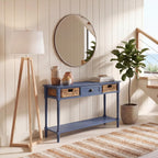 SAFAVIEH Home Collection - Christa Entryway Console Table, Blue Solid Wood 3-Drawer Storage Sofa Table with Rattan Baskets (AMH5737H)