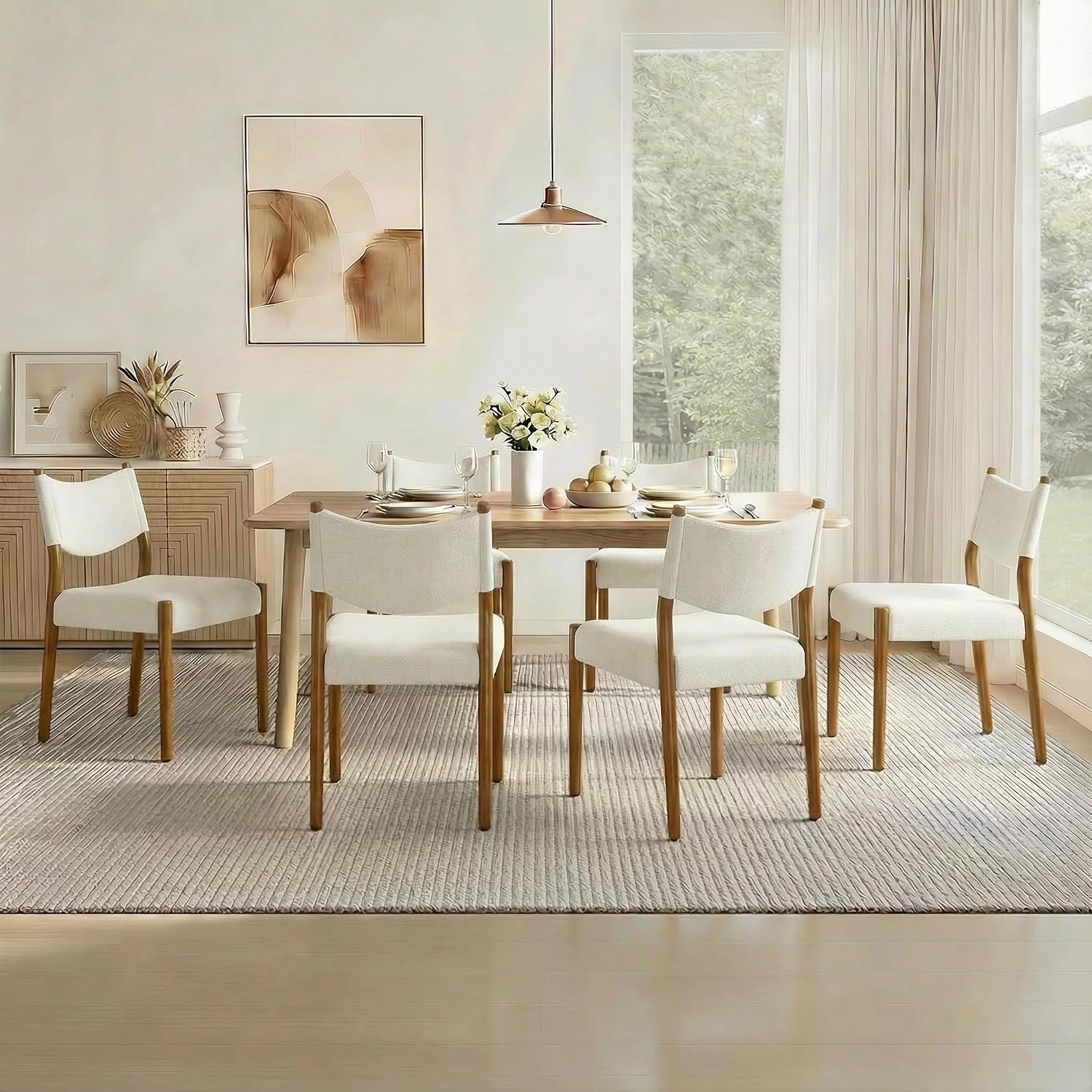 KISLOT Dining Chairs Set of 4, Ergonomic Upholstered Wood Chairs, White | Mid Century Modern Dining Room Chairs, Ergonomic Farmhouse Kitchen Chairs with Solid Rubber Wood Frame, Antique Walnut Leg