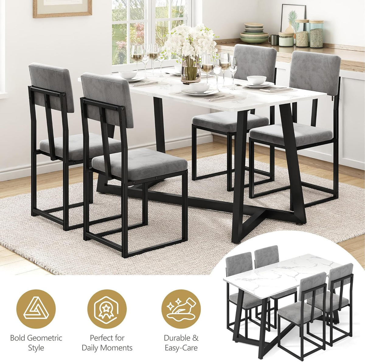 5-Piece Dining Table Set for 4, Modern Faux 47.24" Marble Kitchen Table with 4 Velvet Chairs, Stylish Small Dining Table Set for Apartments & Small Spaces