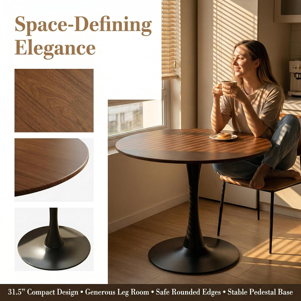 31.5" Round Dining Table, Modern Tulip Pedestal Table with Smooth MDF Round Tabletop & Metal Base, 2-4 Seater Compact Coffee Table for Small Kitchen, Leisure Table for Breakfast Nook, Walnut
