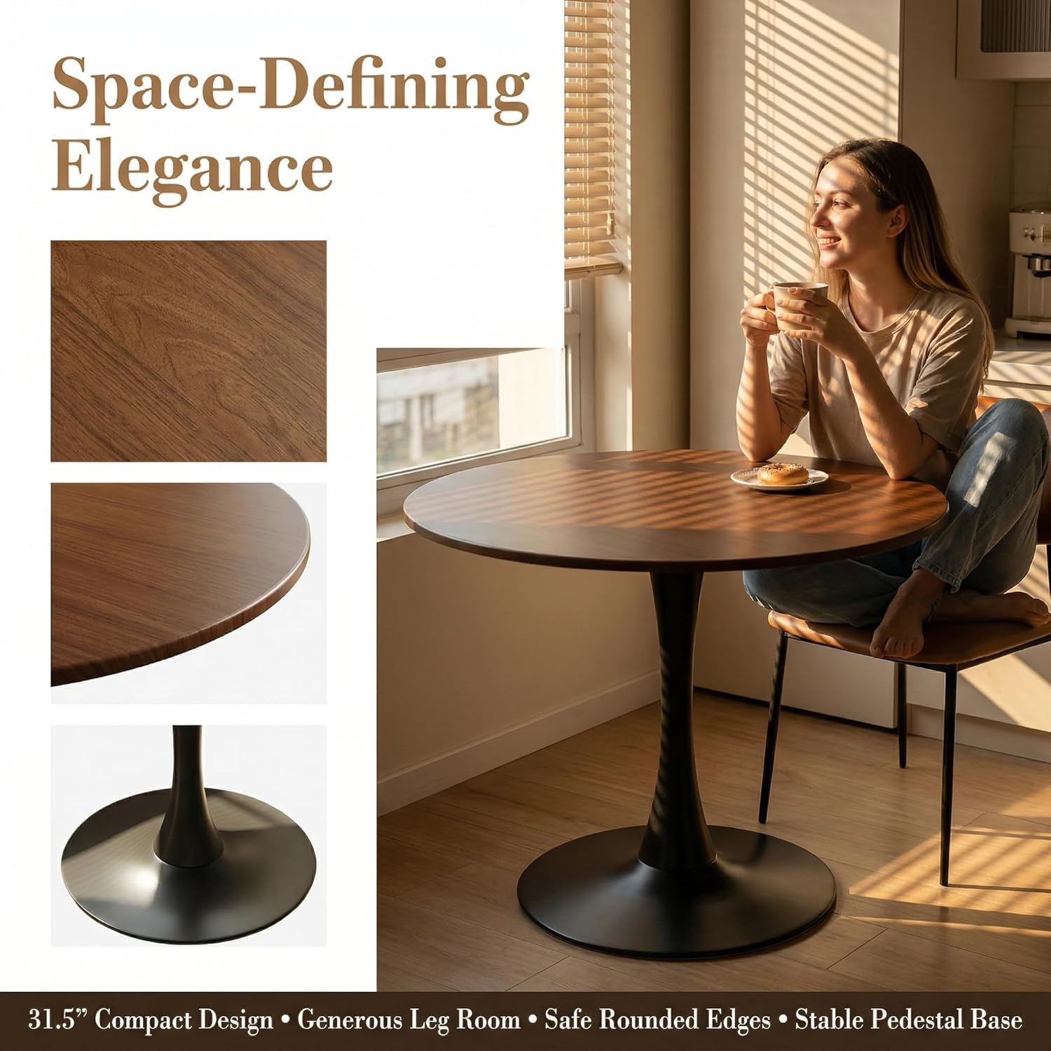 31.5" Round Dining Table, Modern Tulip Pedestal Table with Smooth MDF Round Tabletop & Metal Base, 2-4 Seater Compact Coffee Table for Small Kitchen, Leisure Table for Breakfast Nook, Walnut