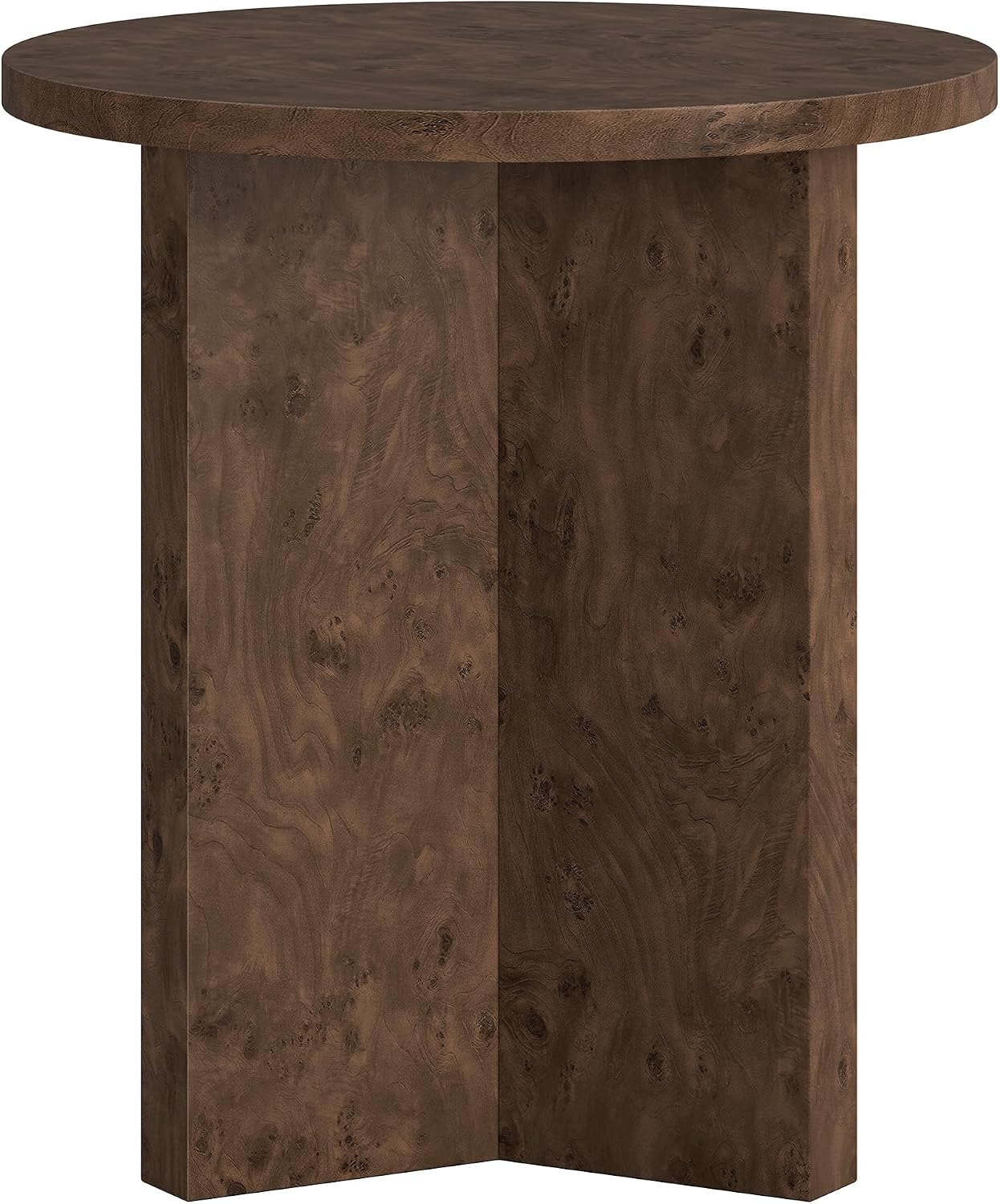 Henn&Hart 20" Scandinavian Round Wooden End Table, Side Table, Nightstand with X-Base for Living Room, Office, Family Room, or Bedroom, Walnut Burl