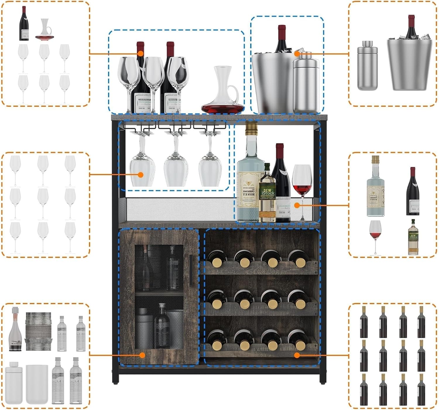 Takywep 3-Tier Wine Bar Cabinet with Removable Wine Rack, Glass Holder, Industrial Buffet Cabinet with Mesh Doors, Storage Sideboard for Kitchen, Dining Room, Living Room