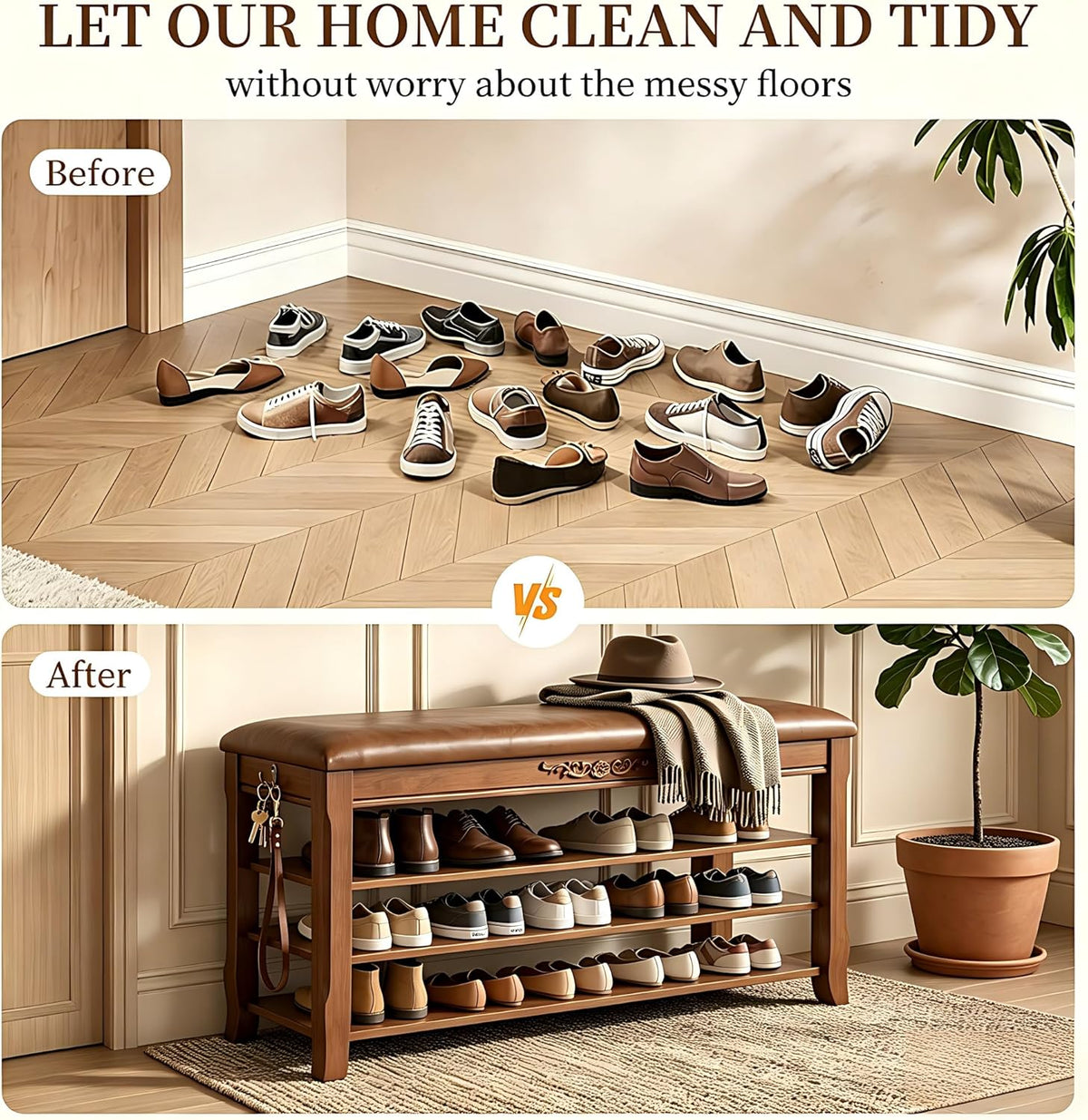 Shoe Rack Bench Entryway Storage with Leather Cushion, Shoe Organizer Bench for Entryway, Front Doors Entrances Hallway,Mudroom,Closet, Bedroom,Solidwood 3 Height-Adjustable Removable Shelve,31.5"