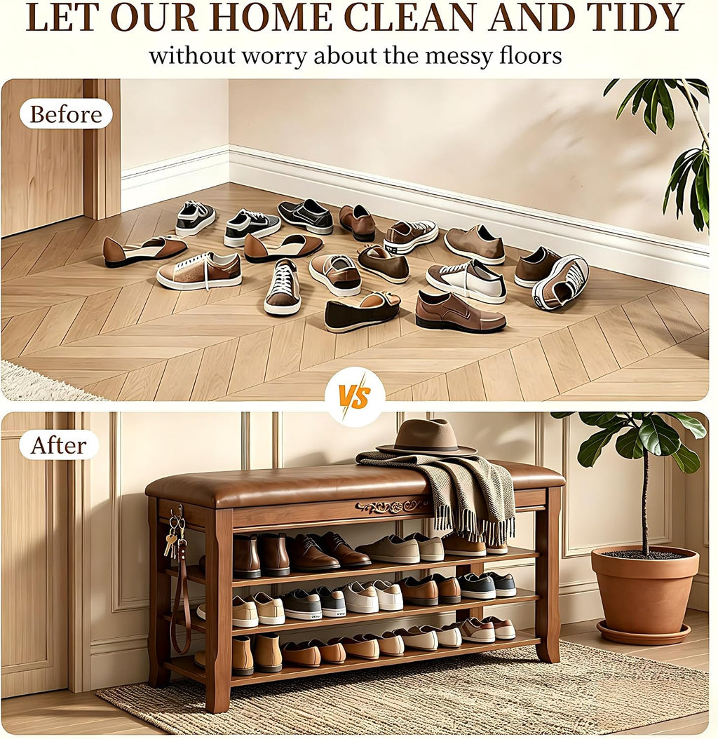 Shoe Rack Bench Entryway Storage with Leather Cushion, 39.4"