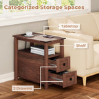 VVFLU Farmhouse End Table with Charging Station and 2 Storage Drawers, Cherry Wood Nightstand Narrow, Skinny Side Table Rustic, Slim Bedside Table, Open Shelf, Small for Bedroom, Living Room, Sofa