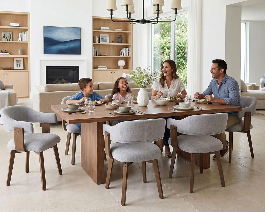 ROCITY Wooden Dining Chairs Set of 4 Modern Fabric Upholstered Dining Room Chairs with Curved Backrest and Walnut Legs for Kitchen,Living Room, Grey