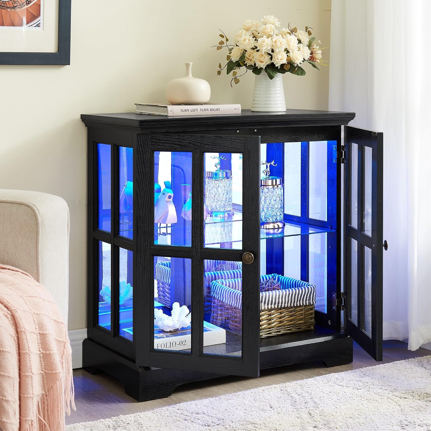 32" H LED Accent Curio Cabinet with 7 Color Lights for Collectibles, Modern Storage Cabinet with Tempered Glass Doors, (Black)