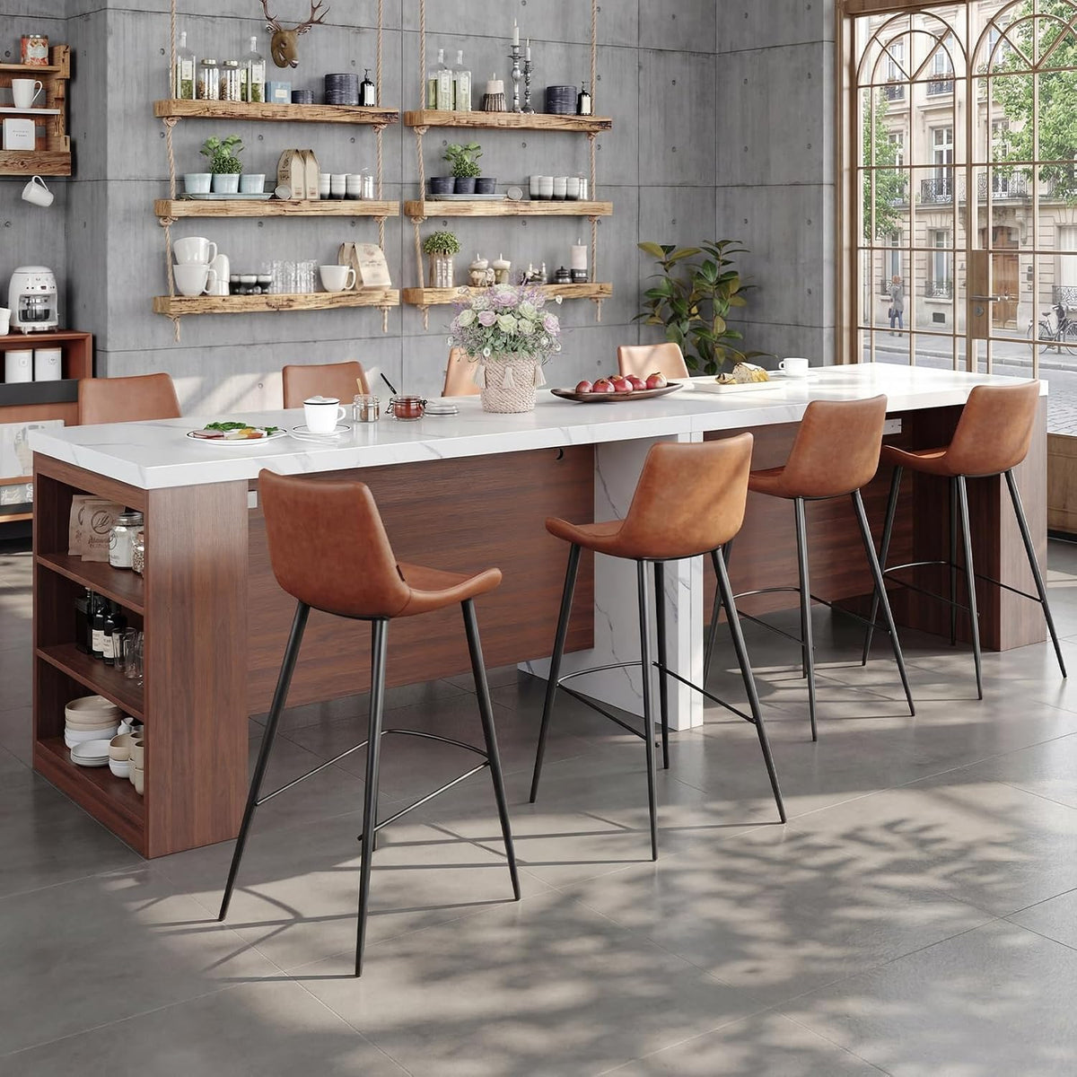 61" Kitchen Island Table with Storage, Counter Height Dining Table, Walnut | with Power Outlets, LED Lights, 3-Tier Side Storage, Faux Marble Top, Modern Stationary Kitchen Storage Islands for 4 Seats