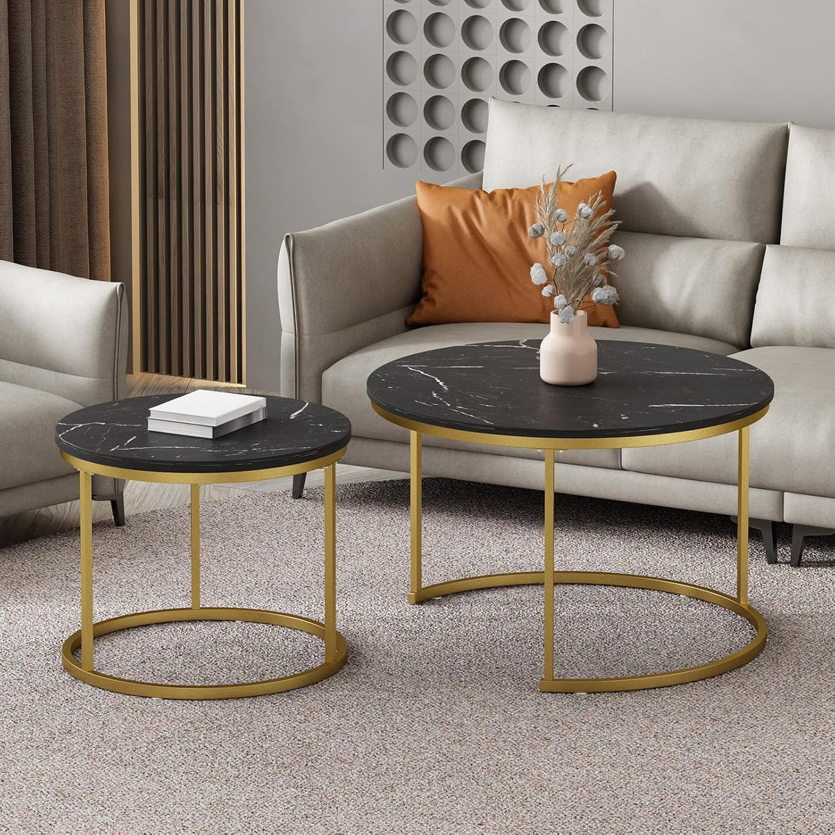 Nesting Coffee Table Set of 2, Wooden Marble Top (Black+Gold) | Nesting Tables, Sturdy Metal Frame, 120 LBS Capacity, Fits for Living Room, Bedroom, Easy Assembly