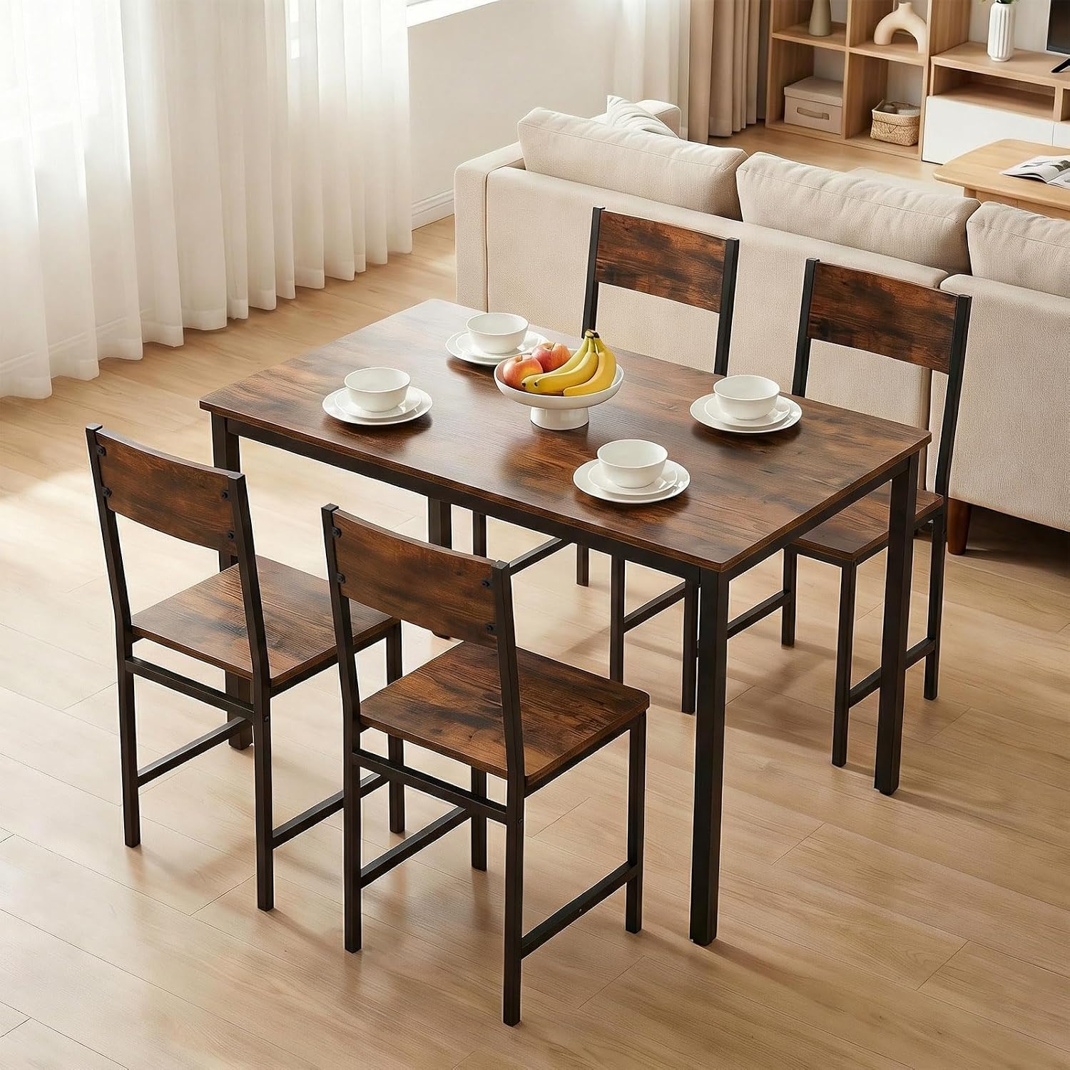 Industrial Dining Chairs Set of 4, Wooden Kitchen Chairs with Slanted Backrests & Metal Legs, 330lb Capacity, Easy to Assemble, Farmhouse Dinner Seats for Living Room, Restaurant , Rustic Brown