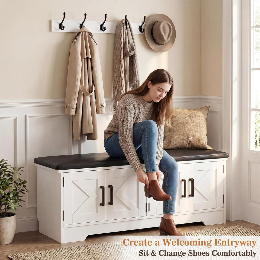 Armocity 43.3" Farmhouse Shoe Storage Bench with Cushion for Entryway | Wood Mudroom Bench with 4 Barn Doors, 2-Tier Adjustable Shelves, 300 Lbs Load, Anti-Slip Pad, Hidden Storage, White