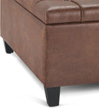 SIMPLIHOME Harrison 36" Wide Vegan Leather Lift Top Ottoman in Saddle Brown | Distressed saddle brown, transitional lift-top ottoman with hidden storage for living room; square footstool or coffee table.