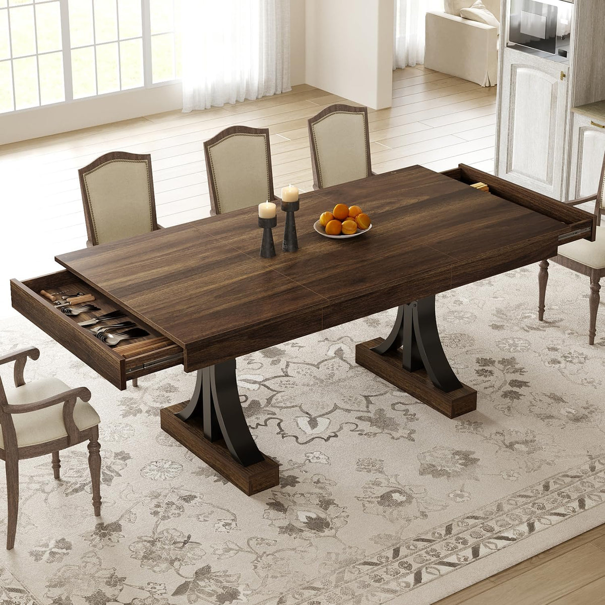 Garvee 71-Inch Dining Table with 2 Drawers,Rectangular Dining Table for 6-8 with Double Pedestal & Sturdy Frame, Industrial Wooden Kitchen Table with Large Tabletop, for Dinner, Walnut