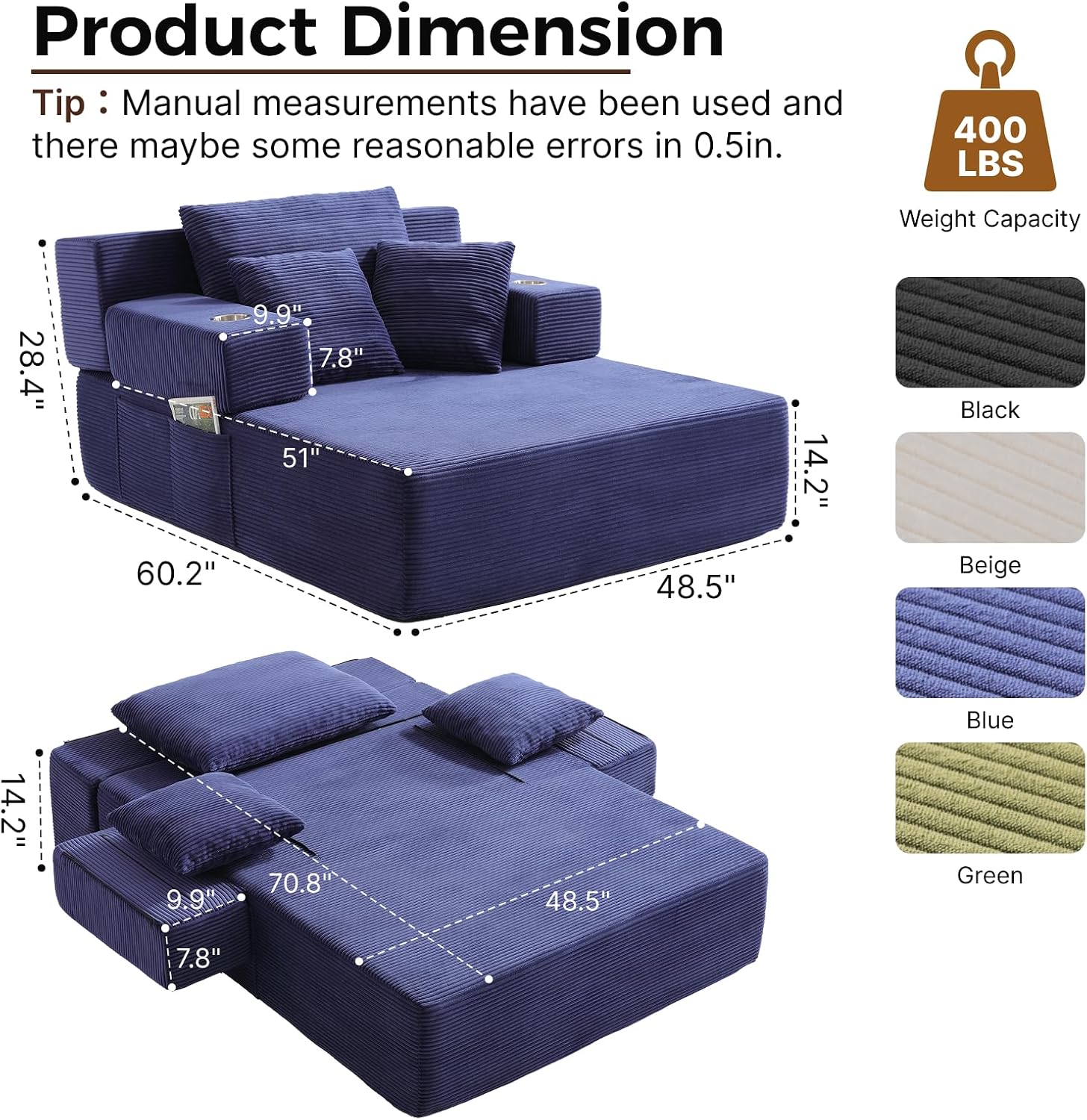 70"Chaise Lounge Chair, Oversized Chair & 2 Cup Holder 4 Pockets | Oversized Corduroy Lounge Chair Indoor Convertible, 3 Pillows, Deep Seat Sleeper Sofa Bed, Living Room, Reading, No Assembly