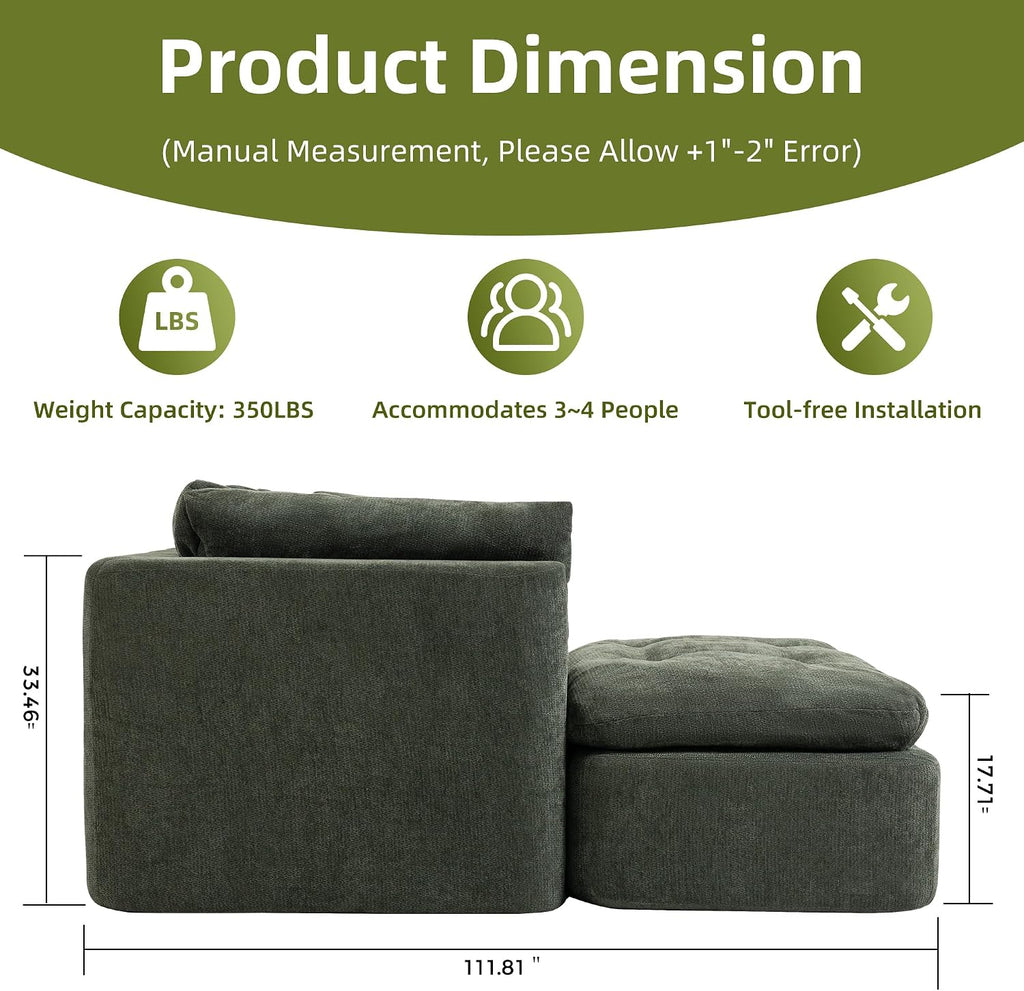 Modular Sectional Sofa with Ottoman, 112 Inch, Blackish Green