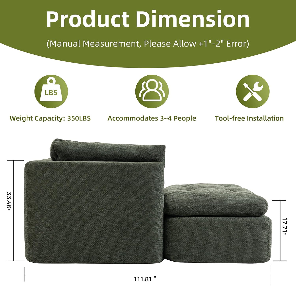 Modular Sectional Sofa with Ottoman, 112 Inch, Blackish Green
