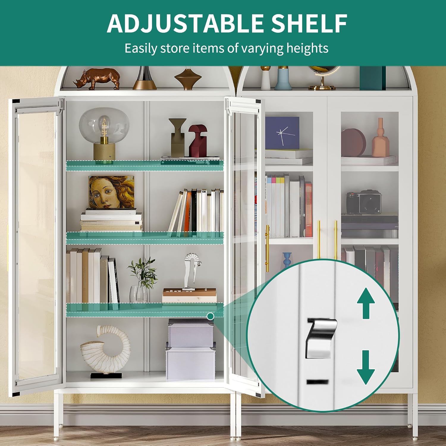 YITAHOME 71" Arched Glass Display Cabinet, Tall Metal Storage Cabinet with Adjustable Shelves and Glass Doors, White